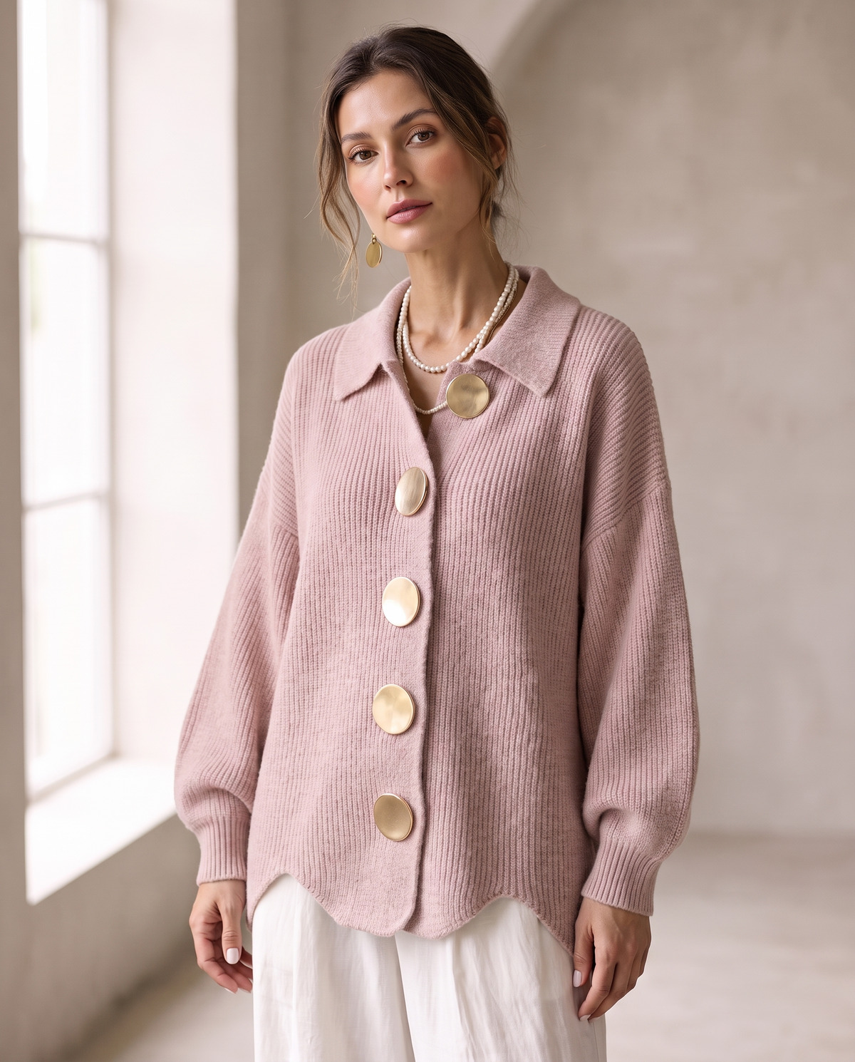 Margaret™ | Oversized Gold-Button Knit Cardigan