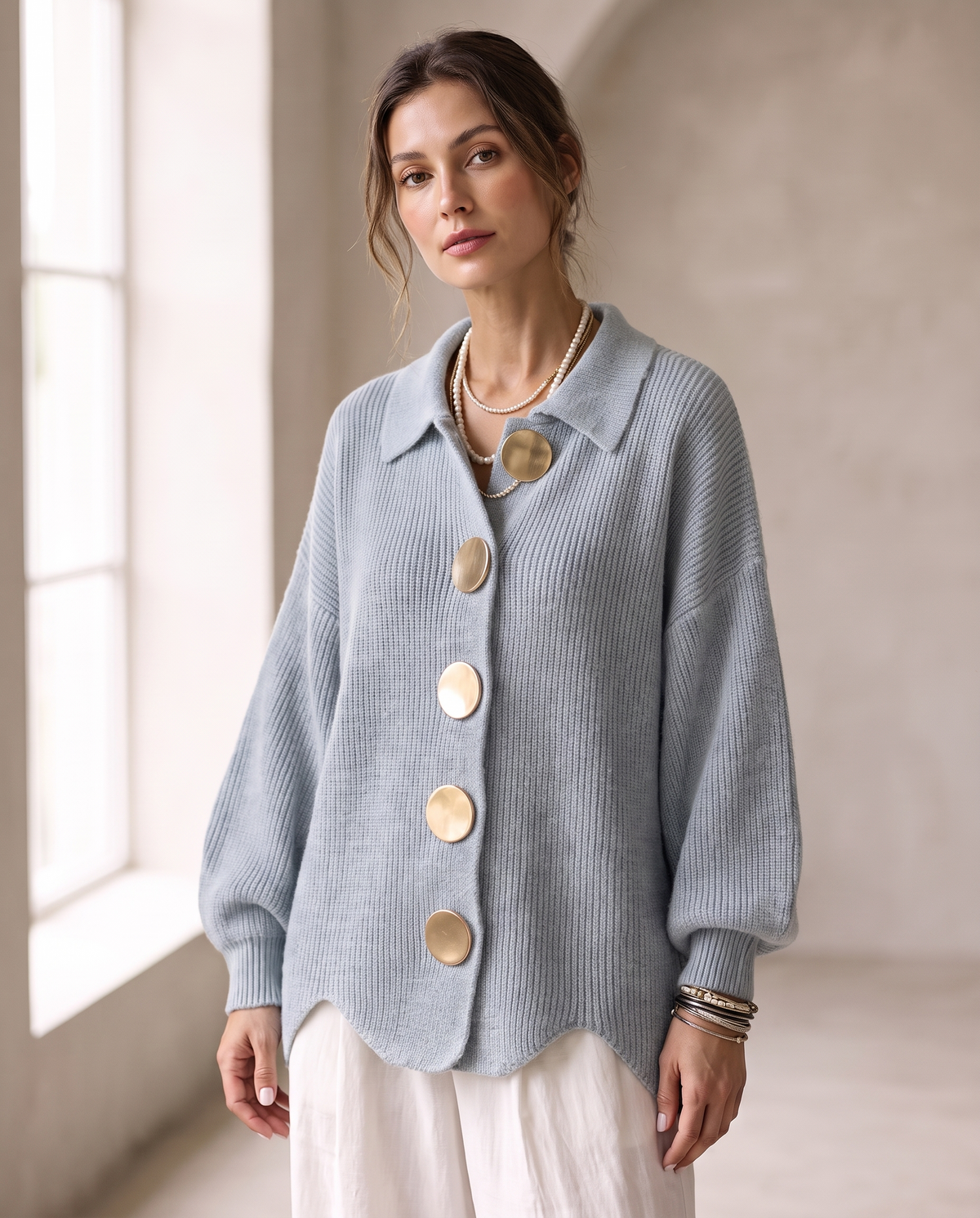 Margaret™ | Oversized Gold-Button Knit Cardigan