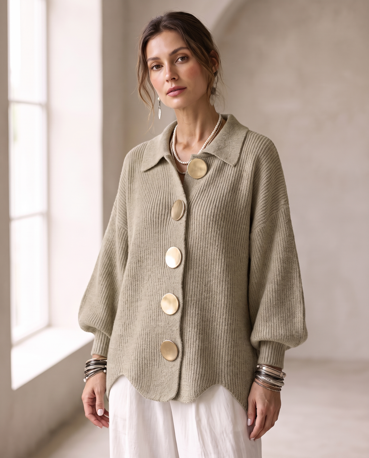 Margaret™ | Oversized Gold-Button Knit Cardigan