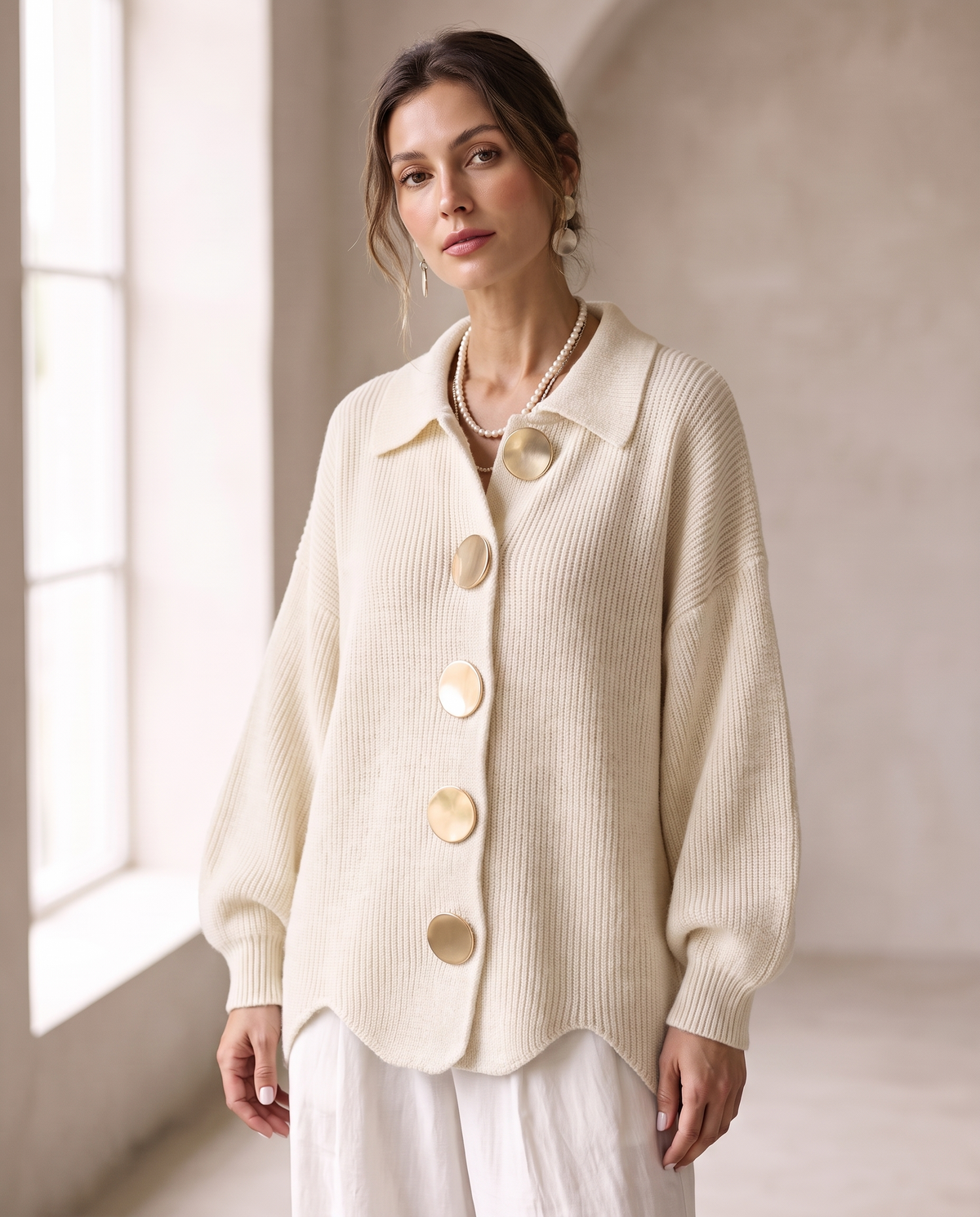 Margaret™ | Oversized Gold-Button Knit Cardigan