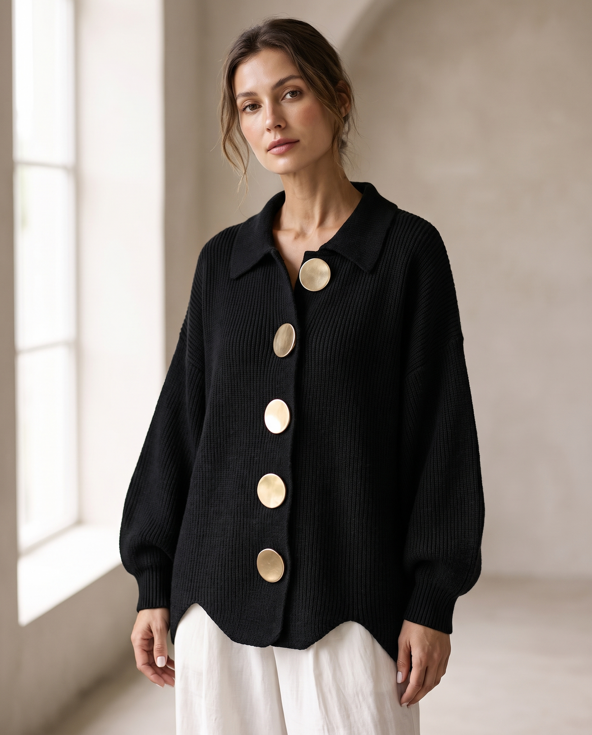 Margaret™ | Oversized Gold-Button Knit Cardigan