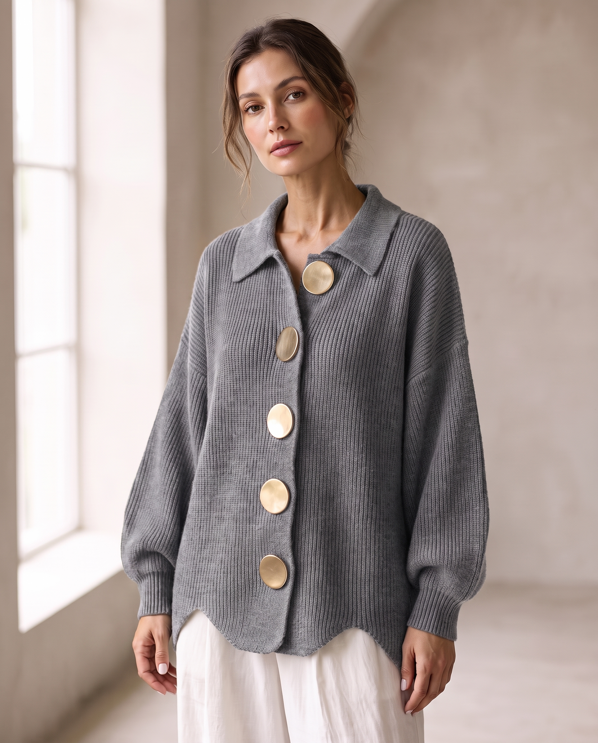 Margaret™ | Oversized Gold-Button Knit Cardigan