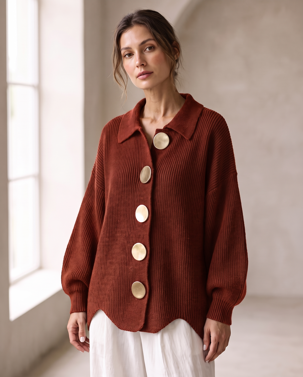Margaret™ | Oversized Gold-Button Knit Cardigan