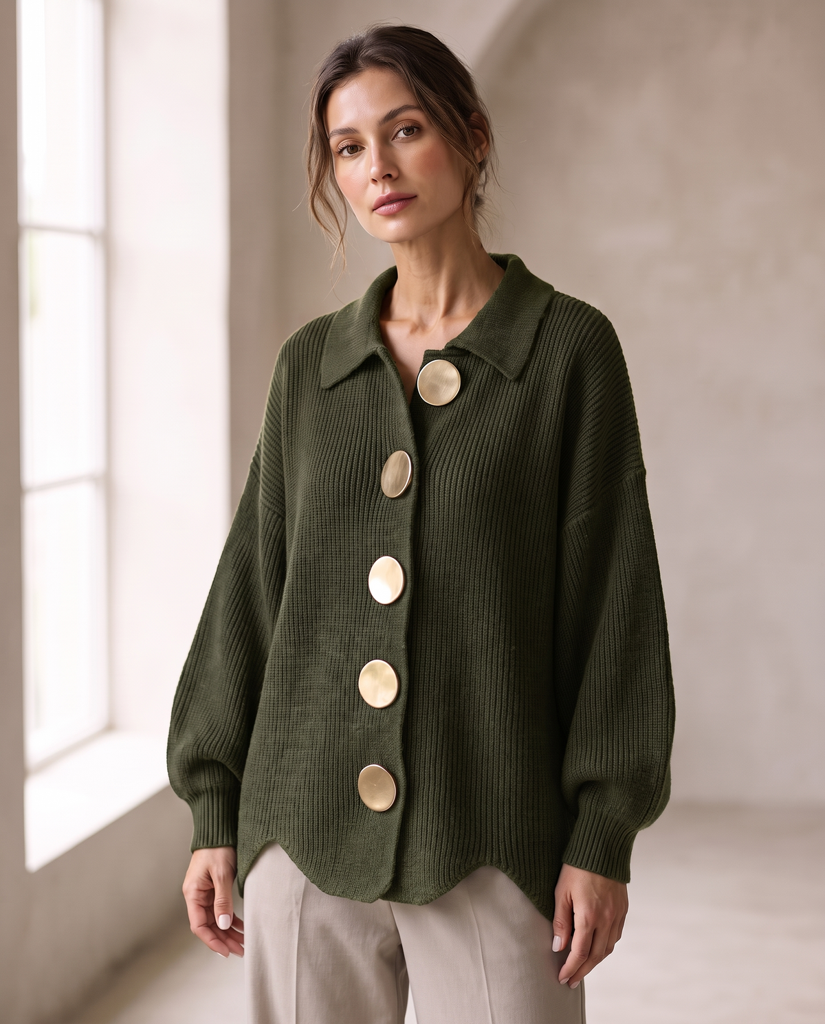 Margaret™ | Oversized Gold-Button Knit Cardigan
