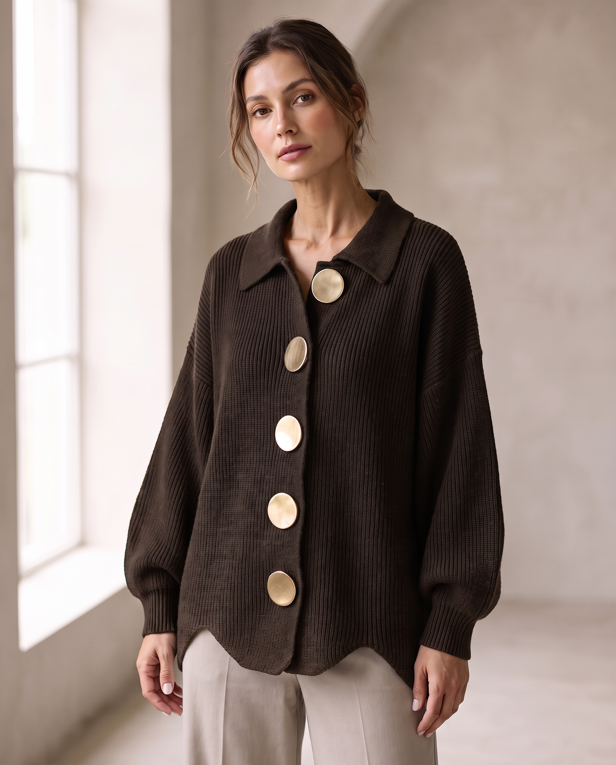 Margaret™ | Oversized Gold-Button Knit Cardigan